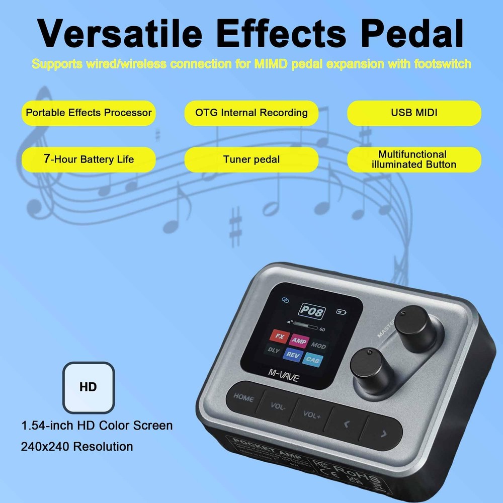 M-VAVE Pocket AMP Multi Effects Pedal Processor with 6 Modules, 80 Editable E...