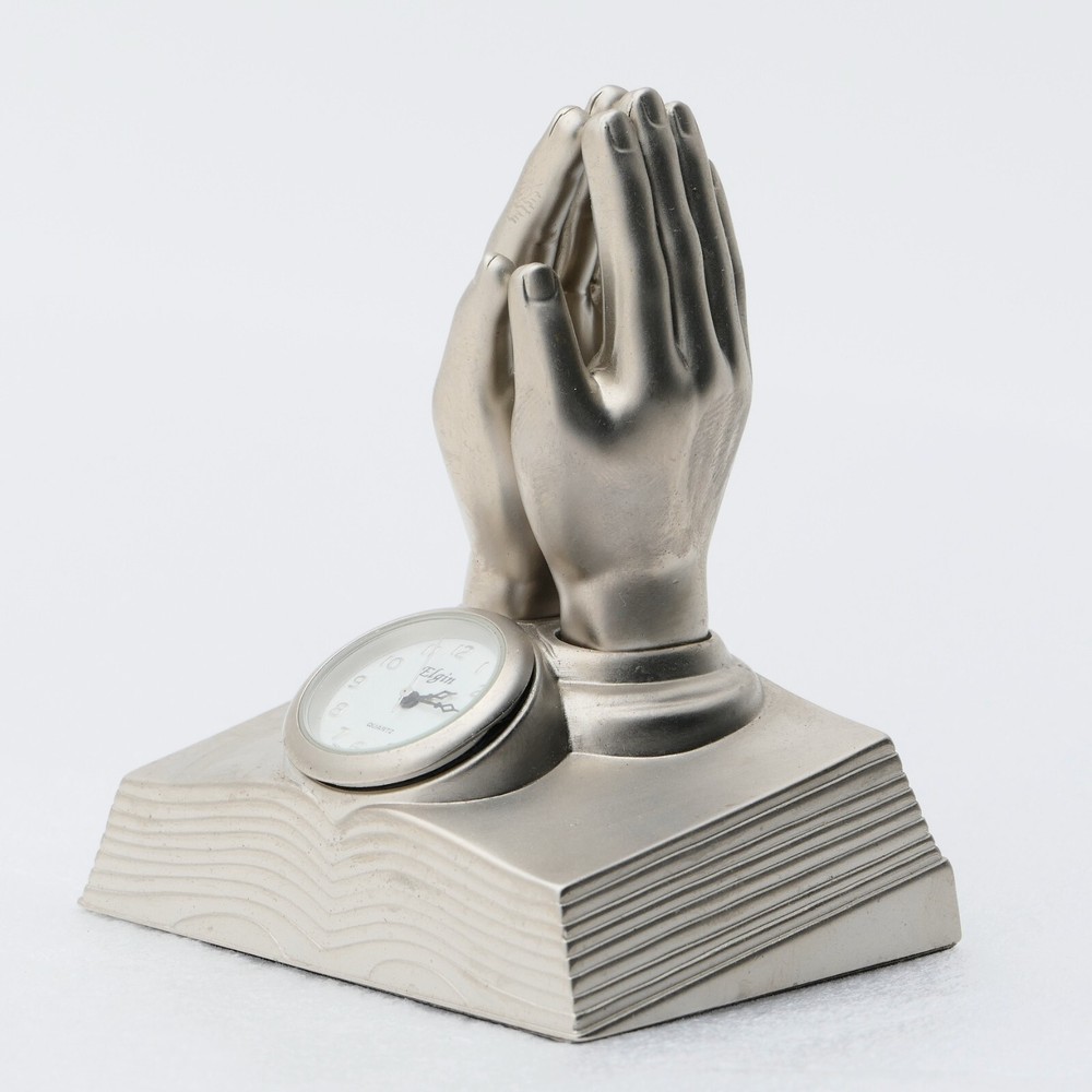 Elgin PRAYING HANDS Matte Silver Metal Mini Clock Figurine