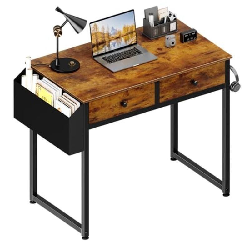 Rustic Brown Computer Desk W/ 2 Drawers & Storage Bag Study Writing Table New
