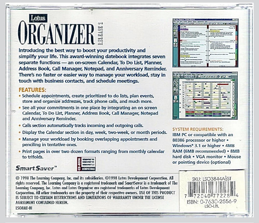 Lotus Organizer Release 2 PC CD-ROM Vintage Windows Software Personal Scheduler