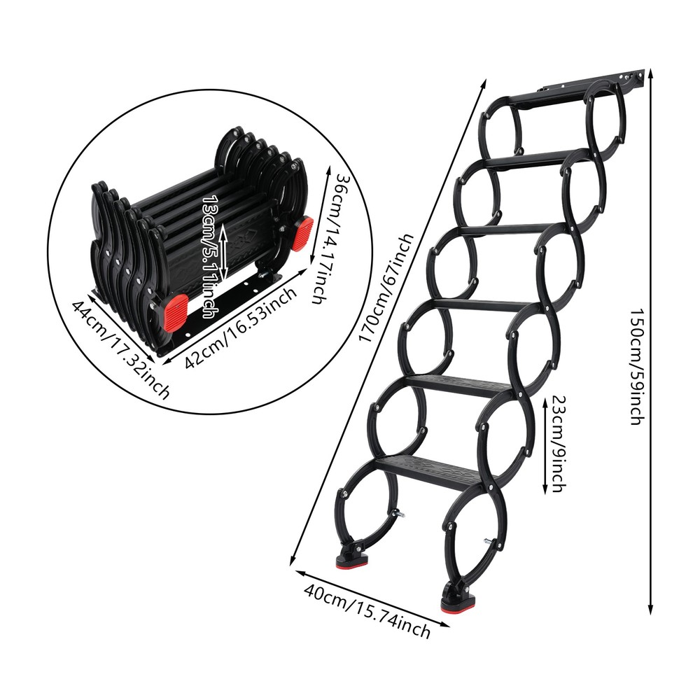6-Step Wall Mounted Folding Ladder, Black Retractable Telescoping Step Stairs