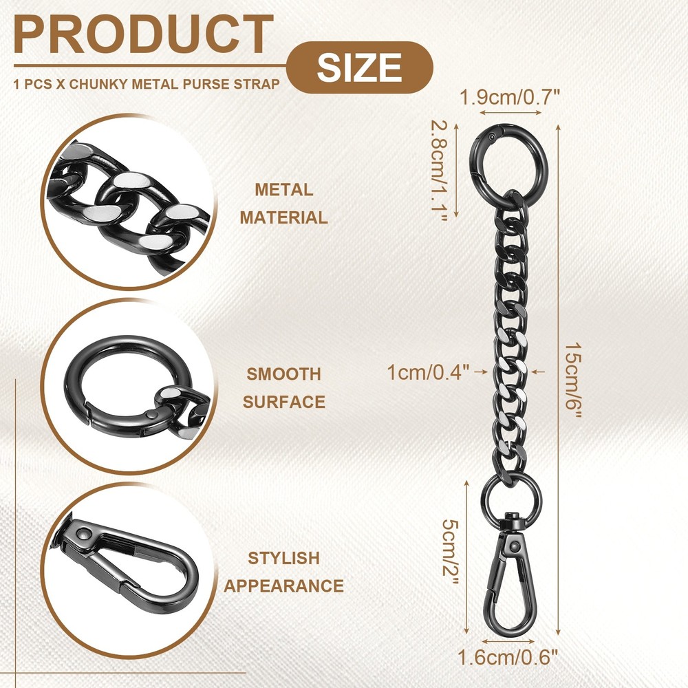6" Chunky Metal Purse Strap with Spring Buckle, Black, 0.4" Width