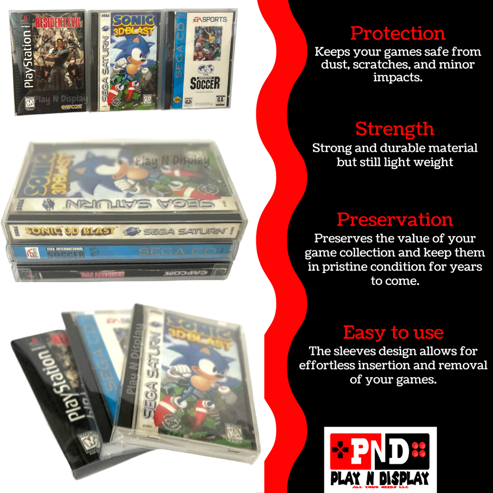10 Sega Saturn CD PS1 Protective Sleeve Box Protector Clear Plastic Display Case