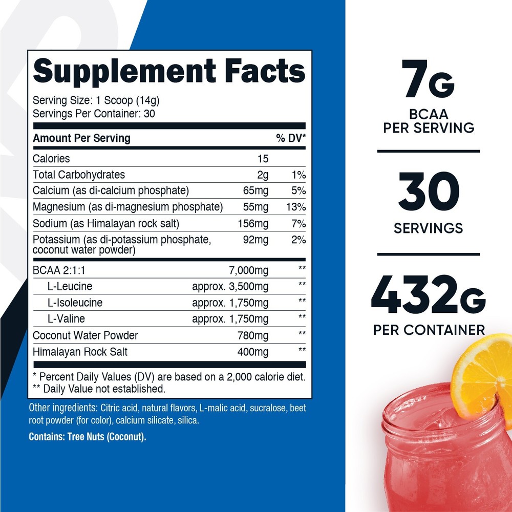 Nutricost BCAA+ Hydration Powder (Raspberry Lemonade) 30 Servings