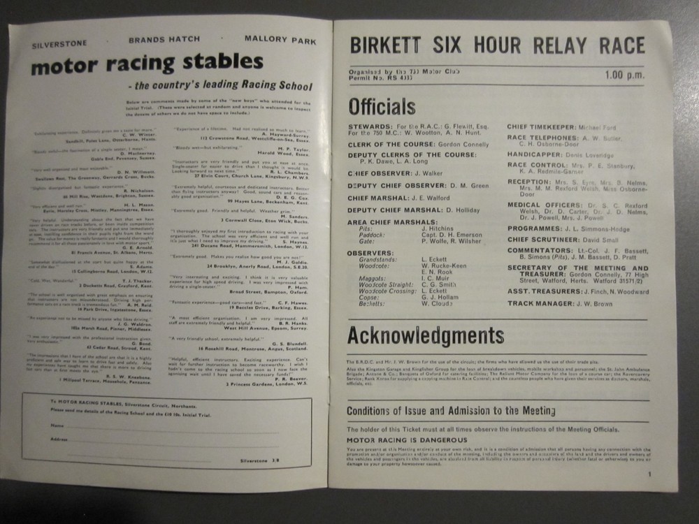 750 MC Birkett 6-hour relay Silverstone programmes, 1968 & 1970