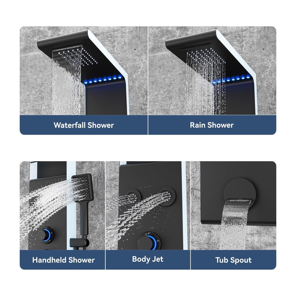 ELLO&ALLO LED Shower Panel Tower System with Shelf, Rainfall Black&Silver