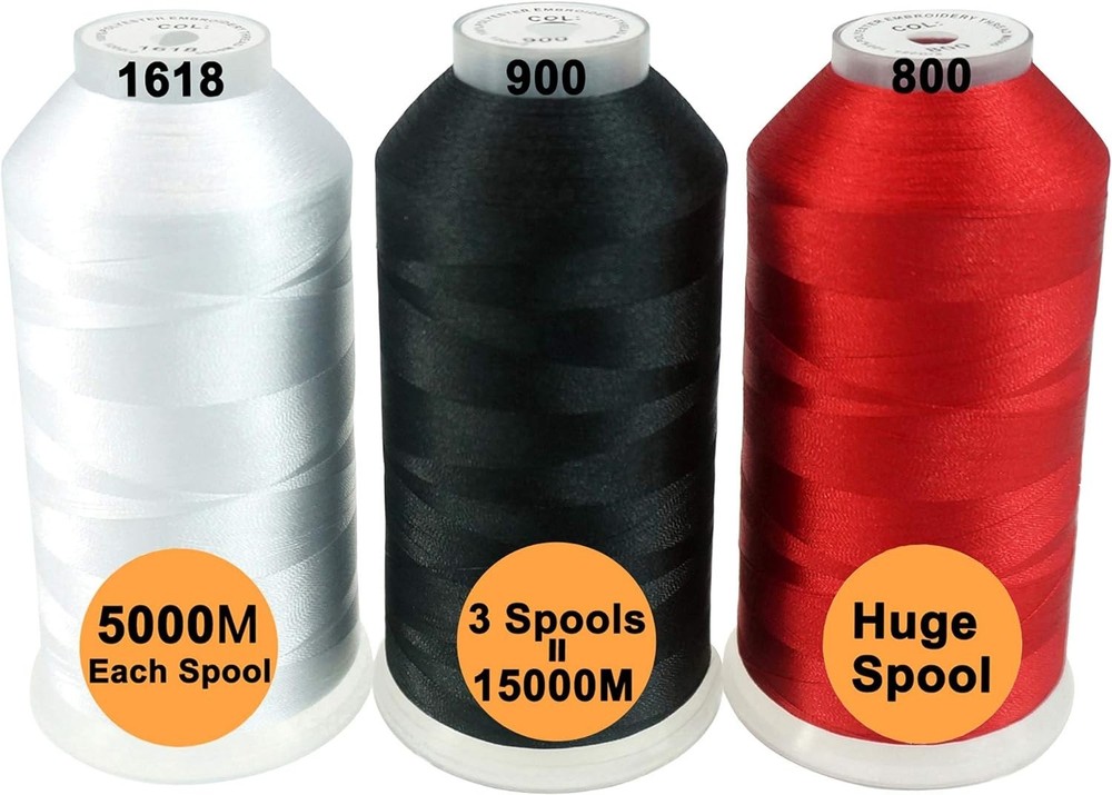 Value Pack: 3 Large 5000M Polyester Embroidery Threads - Color Fast & Durable