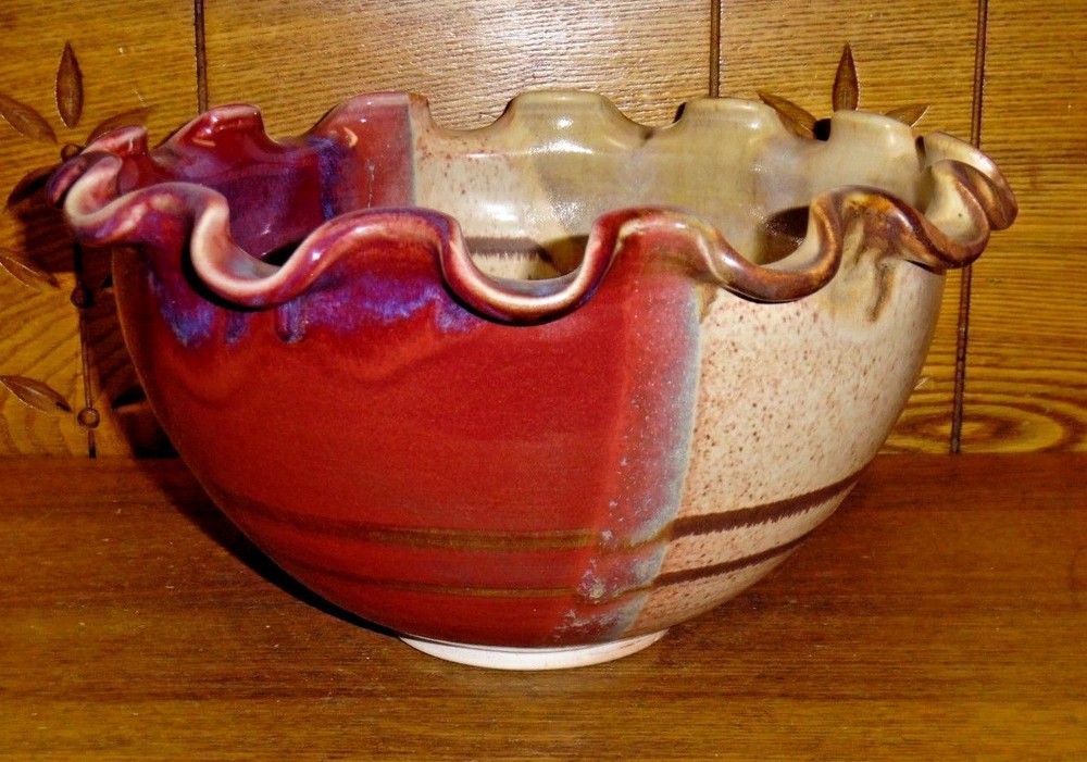 Studio Art Pottery Bowl w/ Fluted Edge - Signed - 11 1/2"