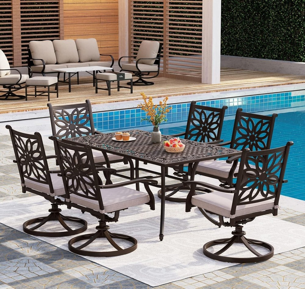 Patio Dining Table Cast Aluminum Outdoor Rectangular Table W/ Umbrella Hole