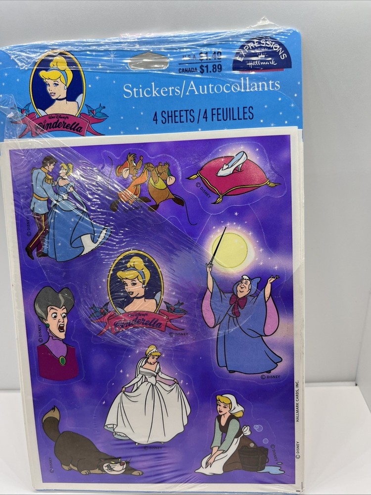 Vintage Disney Cinderella Stickers, Opened 2 Sheets Hallmark