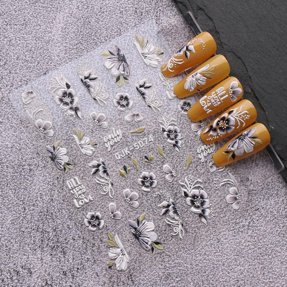 6 Sheets 3D Embossed Spring Flower Nail Art Stickers Decals Self-Adhesive