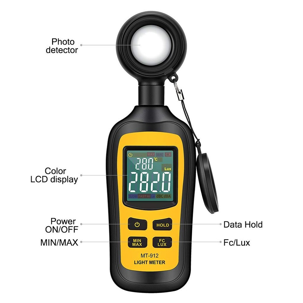 Digital Light Meter Luxmeter, 200,000 Lux Range, 4-Digit LCD, Temp Sensor
