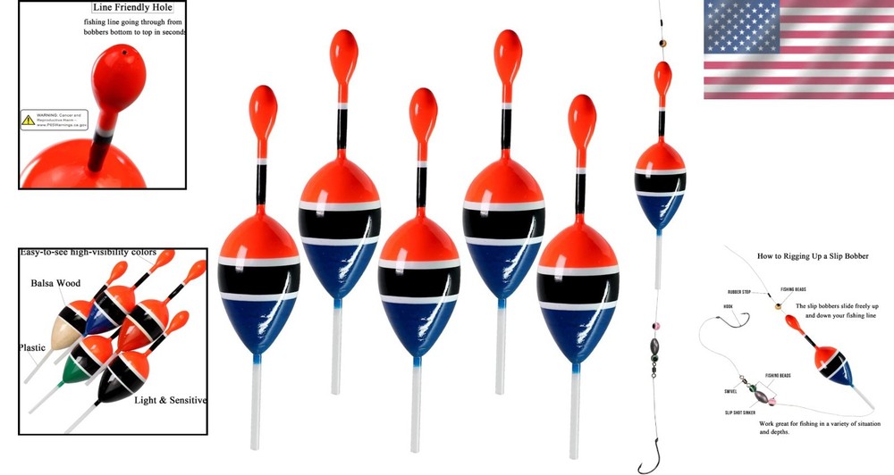 Effective Balsa Wood Slip Bobbers: Bright Colors & Adjustable Depth (5pcs)
