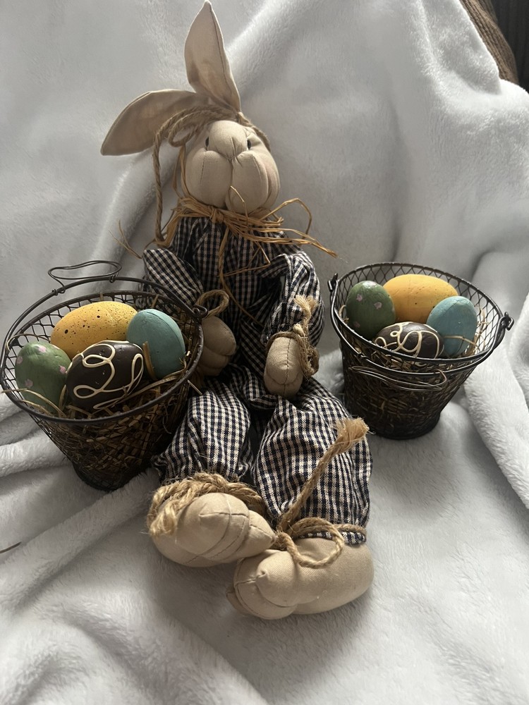 Handmade Bunny With Two Baskets Of Colored Eggs