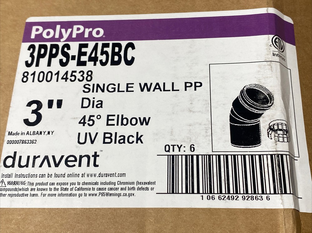 DuraVent PolyPro 3PPS-E45BC - 3" Single Wall PP - Elbow 45 Degree UV Black Qty:6