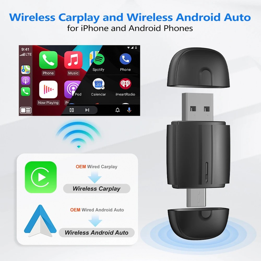 USB-C Dual-Interface Wireless Car Adapter for Wired Smartphone Projection — Plug