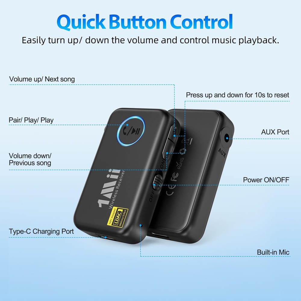 LDAC Bluetooth Aux Adapter for Car Wireless Bluetooth 5.3 Receiver with Volum...