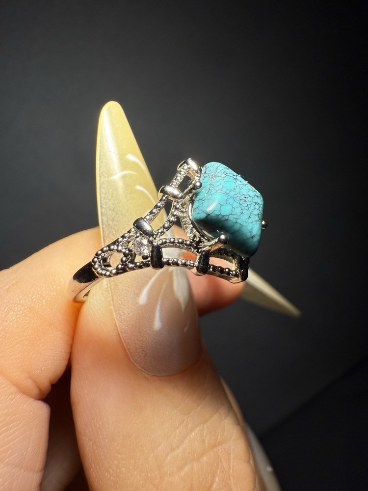 Natural Hubei Turquoise Square Ring / Silver- plated/adjustable