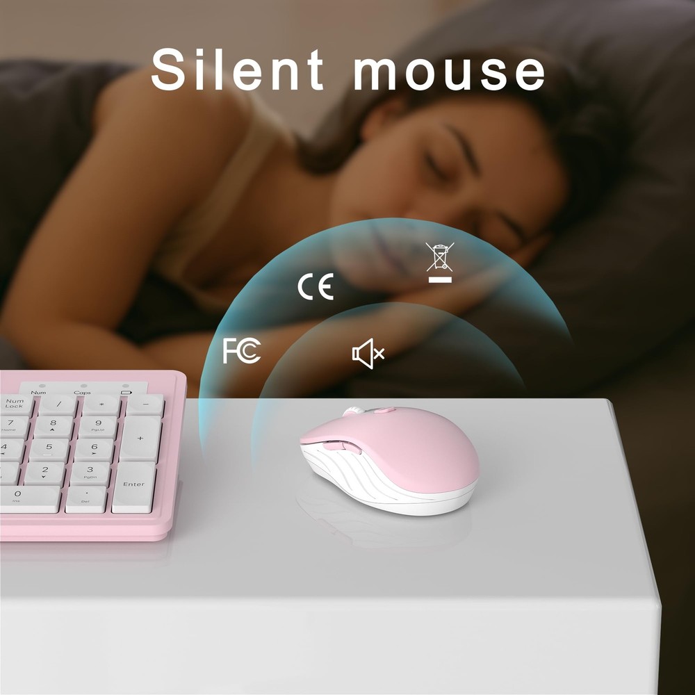 Wireless Keyboard Mouse Combo FullSize 104Key Numeric Keypad Pink White