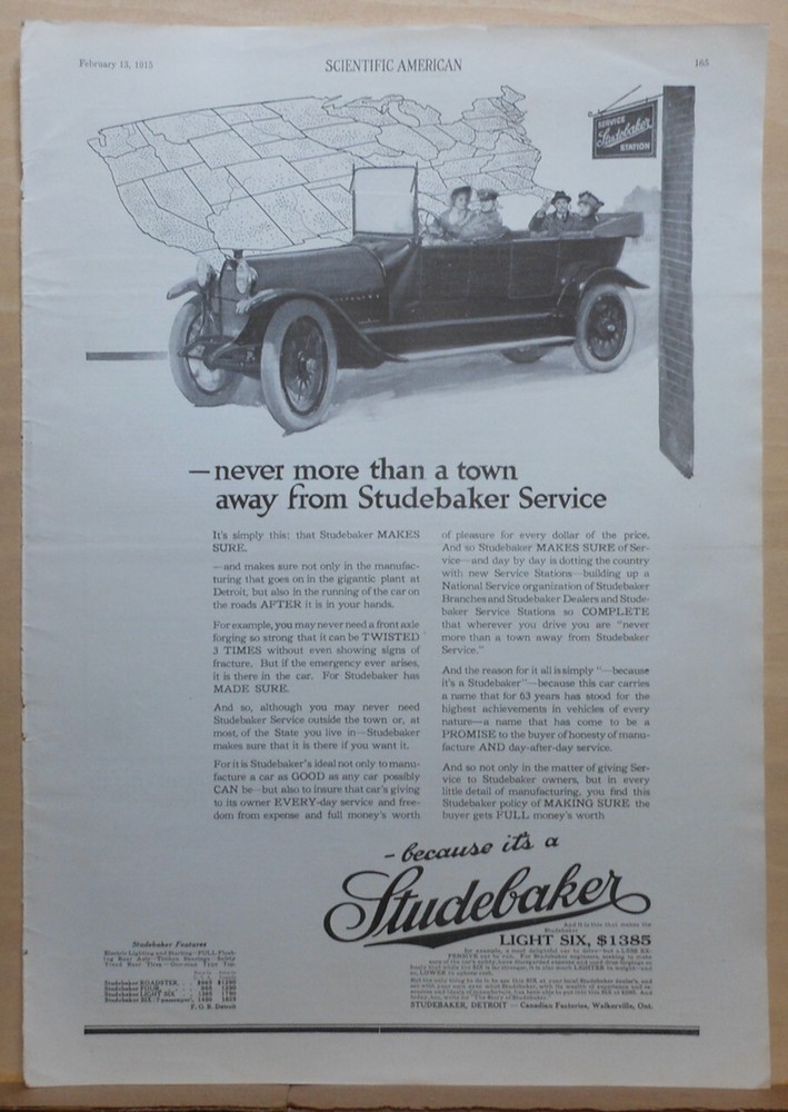 1915 magazine ad for Studebaker - convertible, service always available