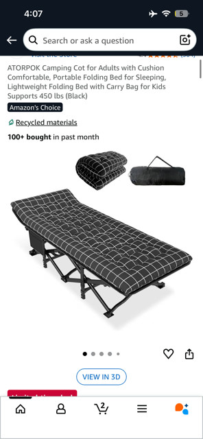Lightweight Foldable Camping Bed Cot with Cushion - Max. Capacity: 450lbs