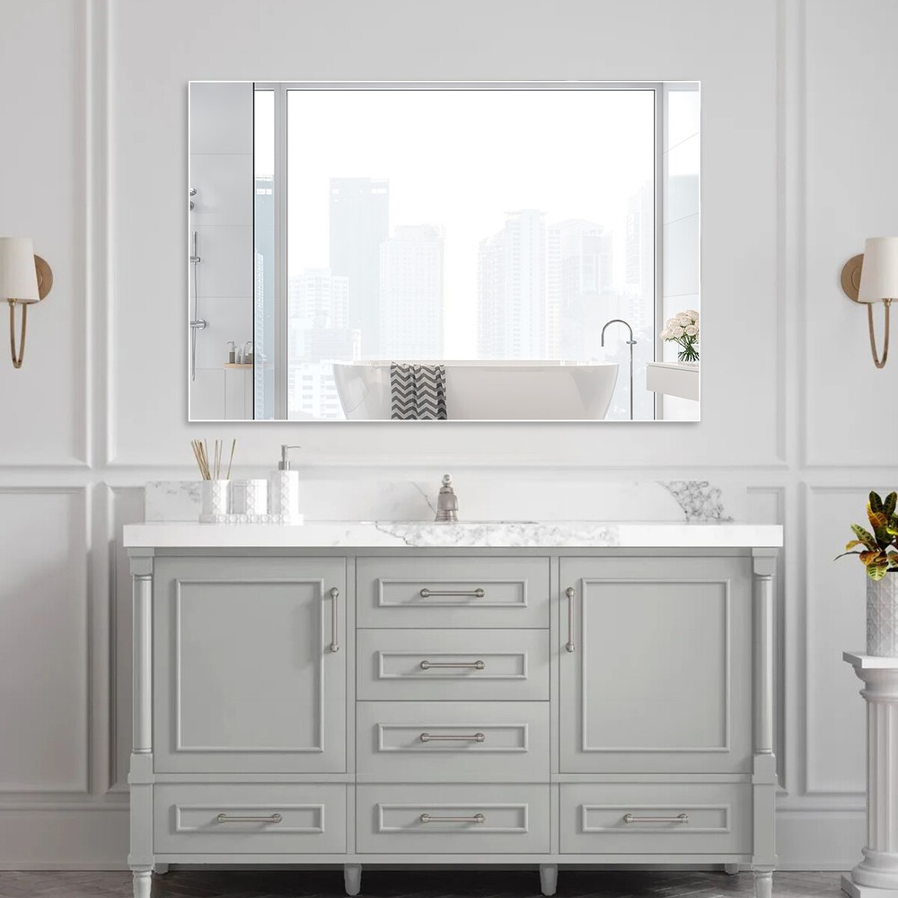 48"x32"Rectangle Bathroom Mirror Wall Vanity Hanging Mirror White Aluminum Frame