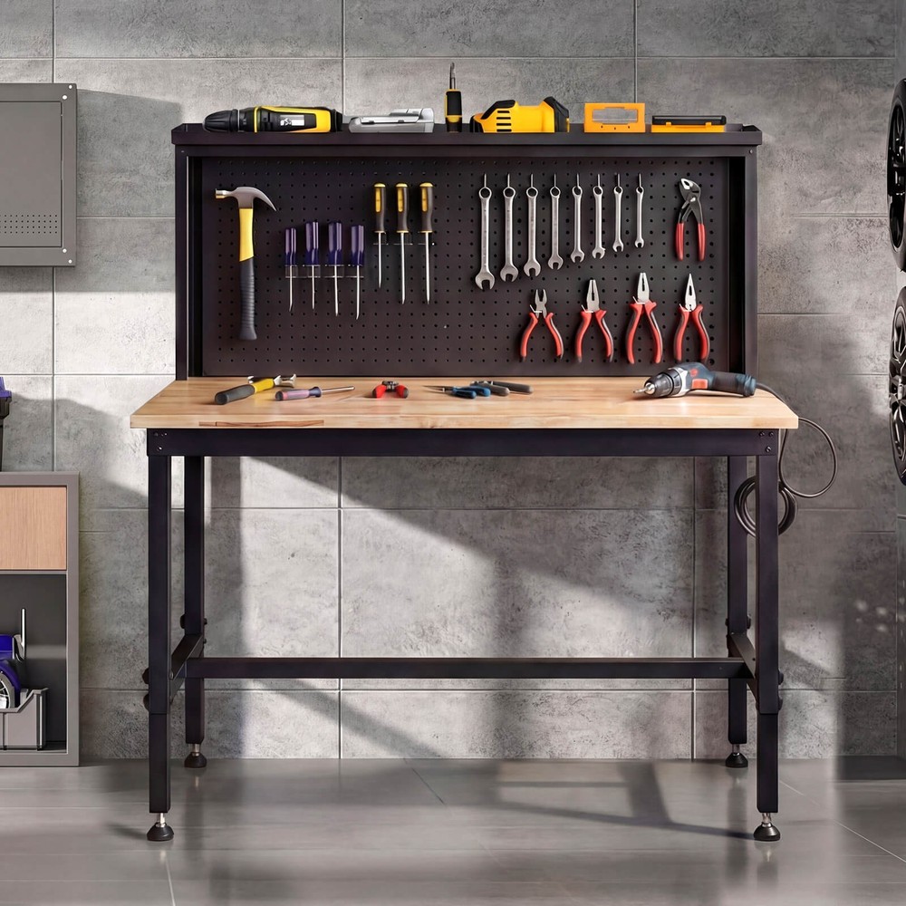 Heavy Duty Workbench with AC/USB Outlets and Pegboard, Max Load 2000 LBS