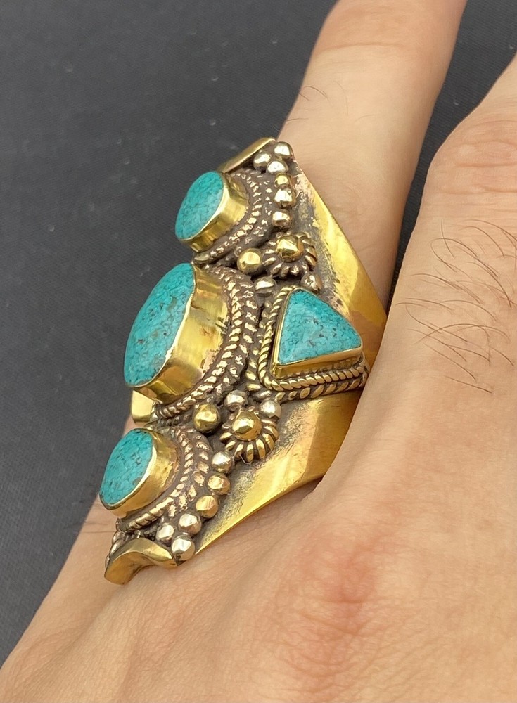 Unique Long Turquoise Ring in brass