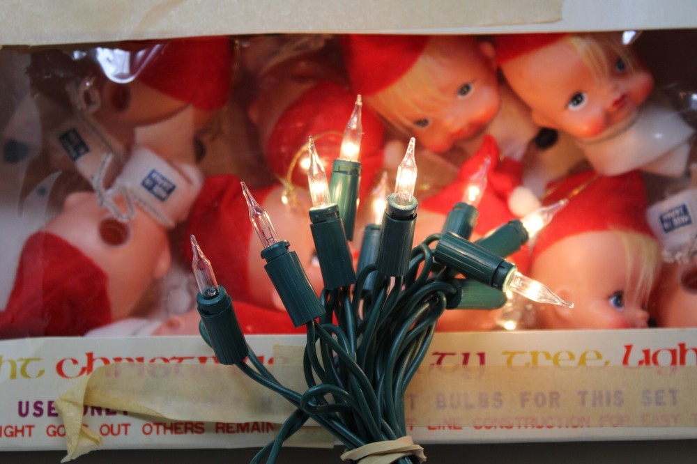 Vintage Elf/Pixie Light Covers W/10 Light String Made Japan Red Hats Woolworth
