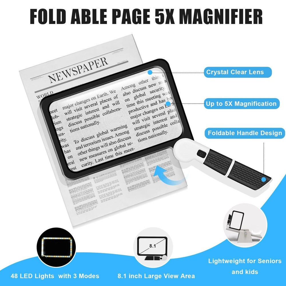 5X Handheld Magnifier for Page Reading - Large Folding Lighted Magnifier with...