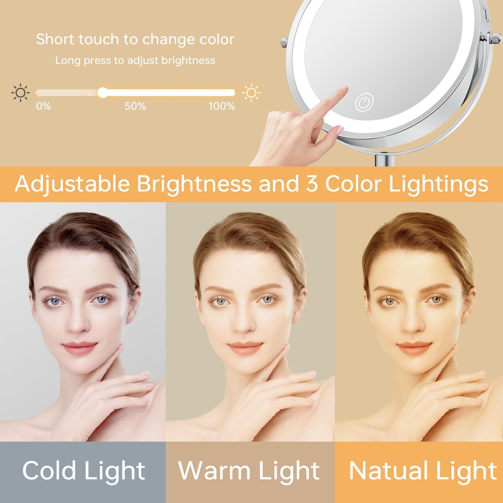Makeup Mirror with Lights, Height-Adjustable Lighted Makeup Mirror with 1X/20...
