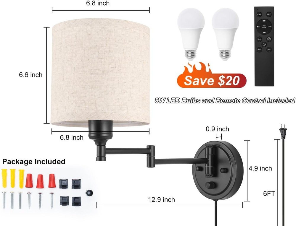 Plug in Wall Sconces W/ Remote Control Dimming 10%-100% & Adjustable Colors