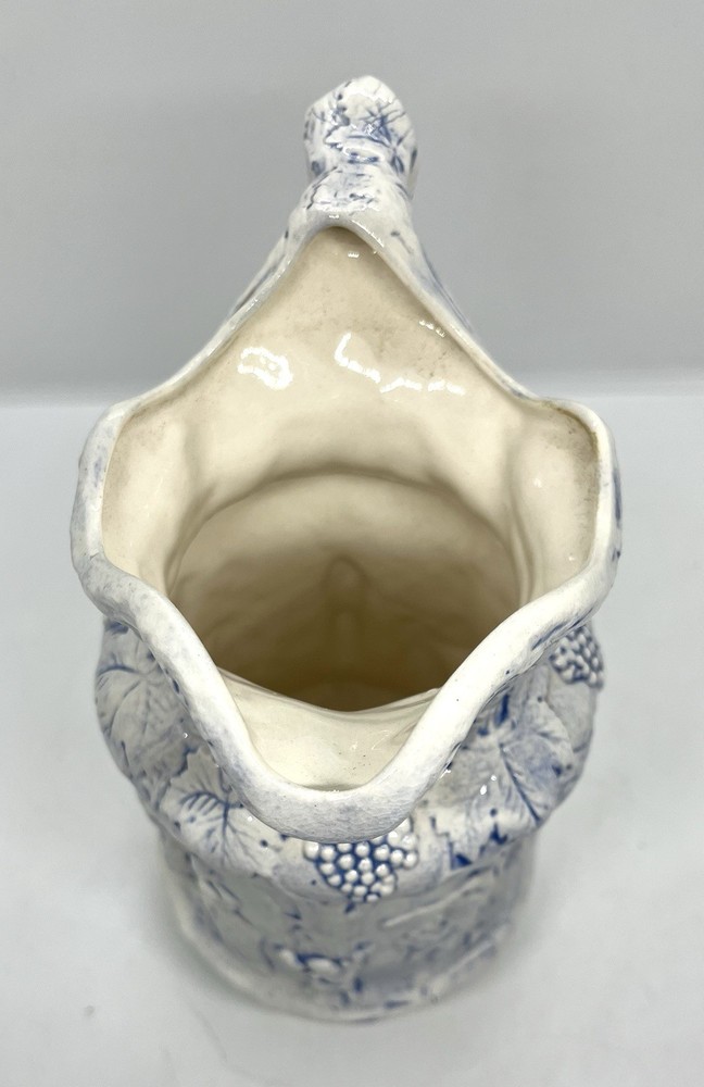 Cherub Grapes Relief Pitcher Blue On White Signed
