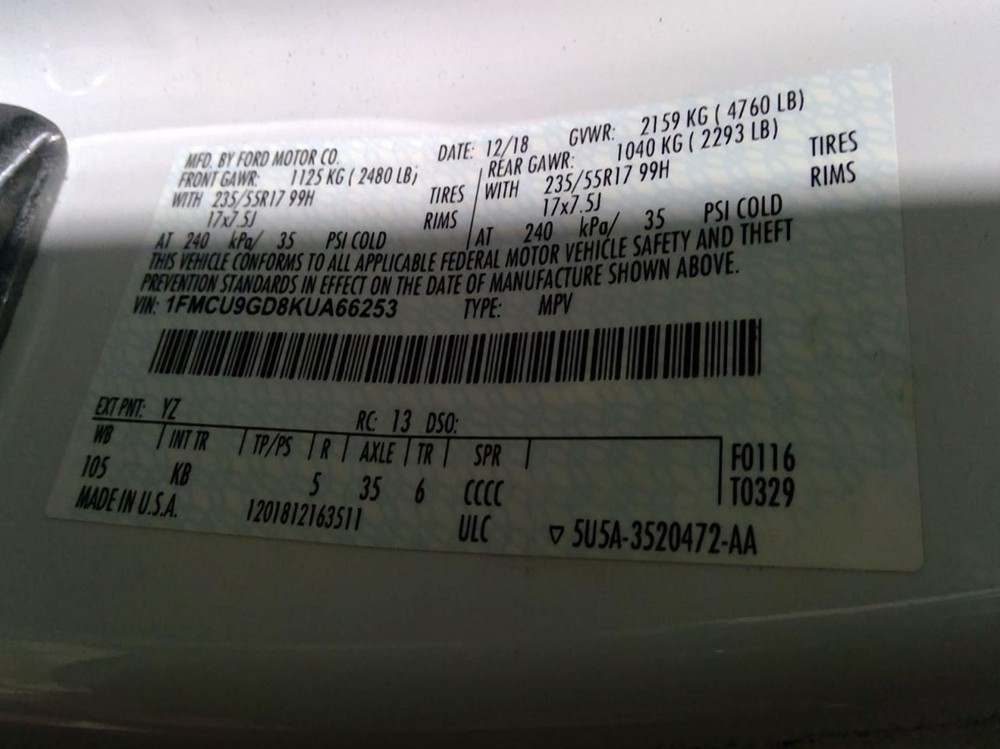 ESCAPE 2019 Transmission Shift 985276