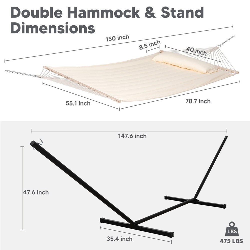 SUNCREAT Hammocks Extra Large Double Hammock with 12 ft Stand, 475lbs Capacit...