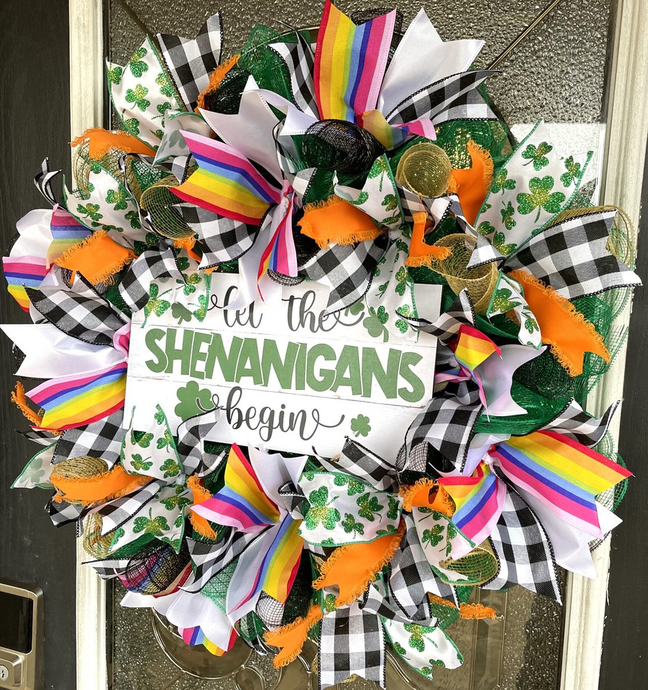 Rainbow Clover LetShenanigans Begin St. Patricks Day Deco Mesh Front Door Wreath