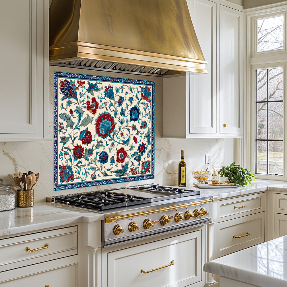Ottoman Inspired Turkish Glass Backsplash Tile, Decorative Kitchen Splashback