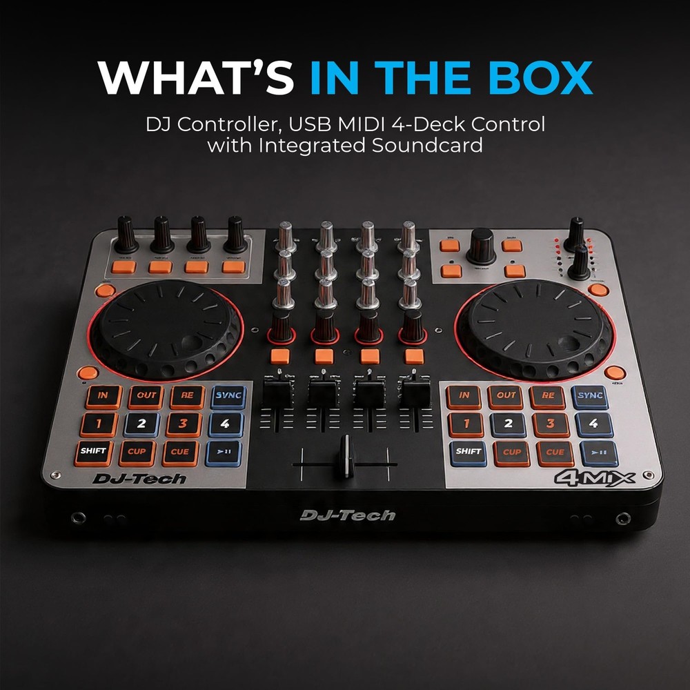 DJ Tech DJ Controller, USB MIDI 4-Deck Control with Integrated Soundcard,...