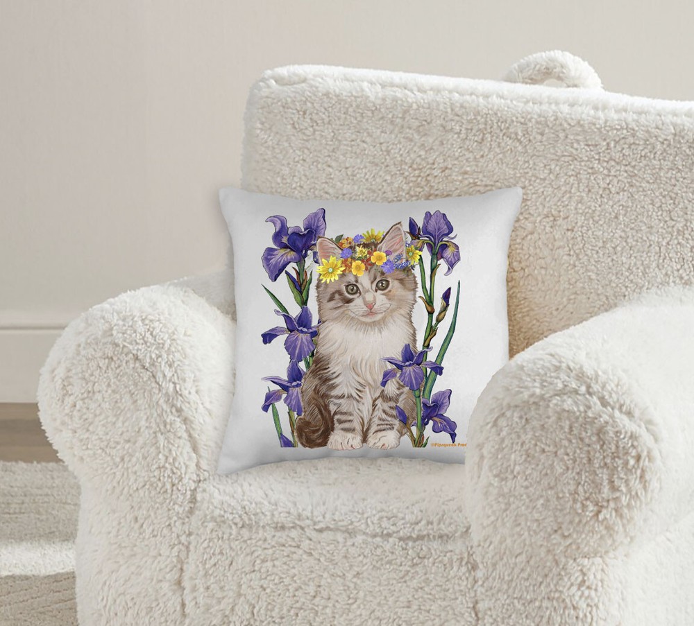 Tabby Cat with Iris Floral Throw Pillow, Decorative Pillow, Cute Kitty Accent Pi