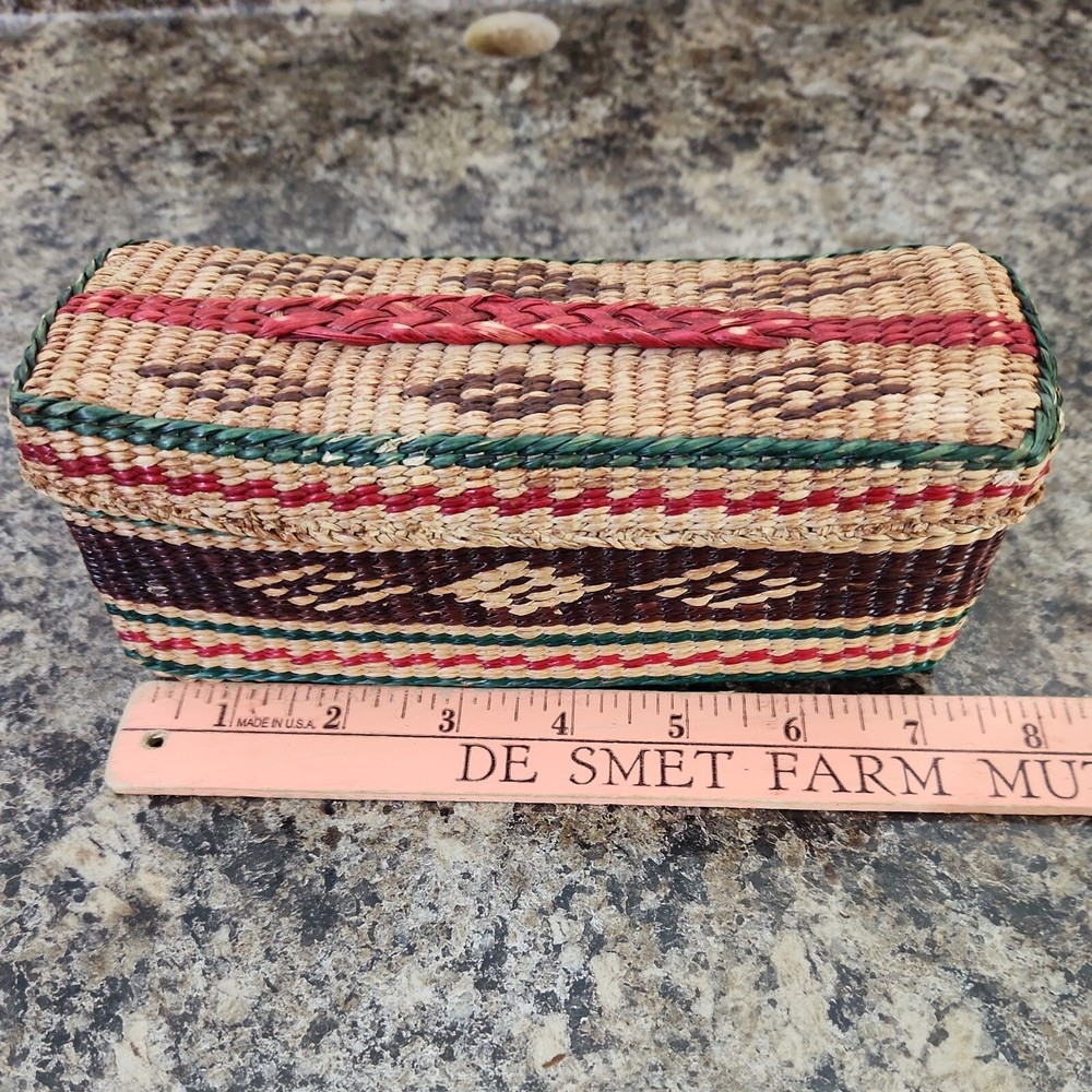 Vintage Sewing Storage Basket Woven Rectangle Lid