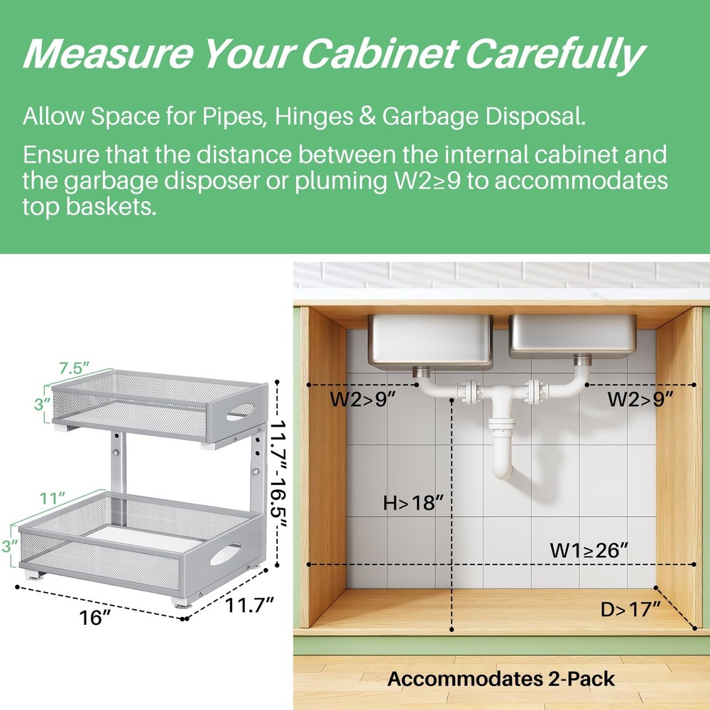 Under Sink Organizer, 2-Pack Pull Out Cabinet Organizer 2 (XL), Grey