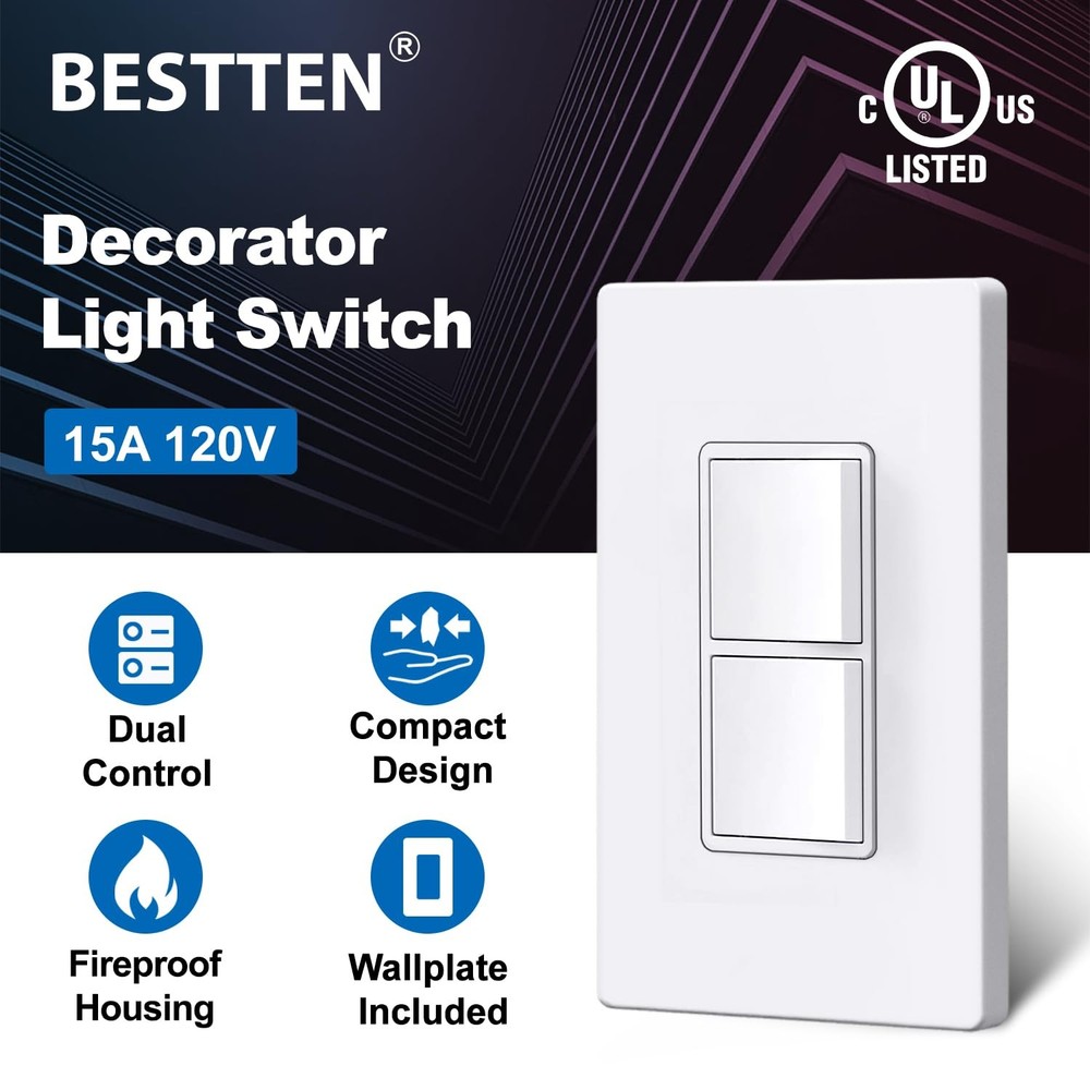 2 Pack Double Rocker Light Switch, Two Single Pole Electrical Paddle Switch, ...