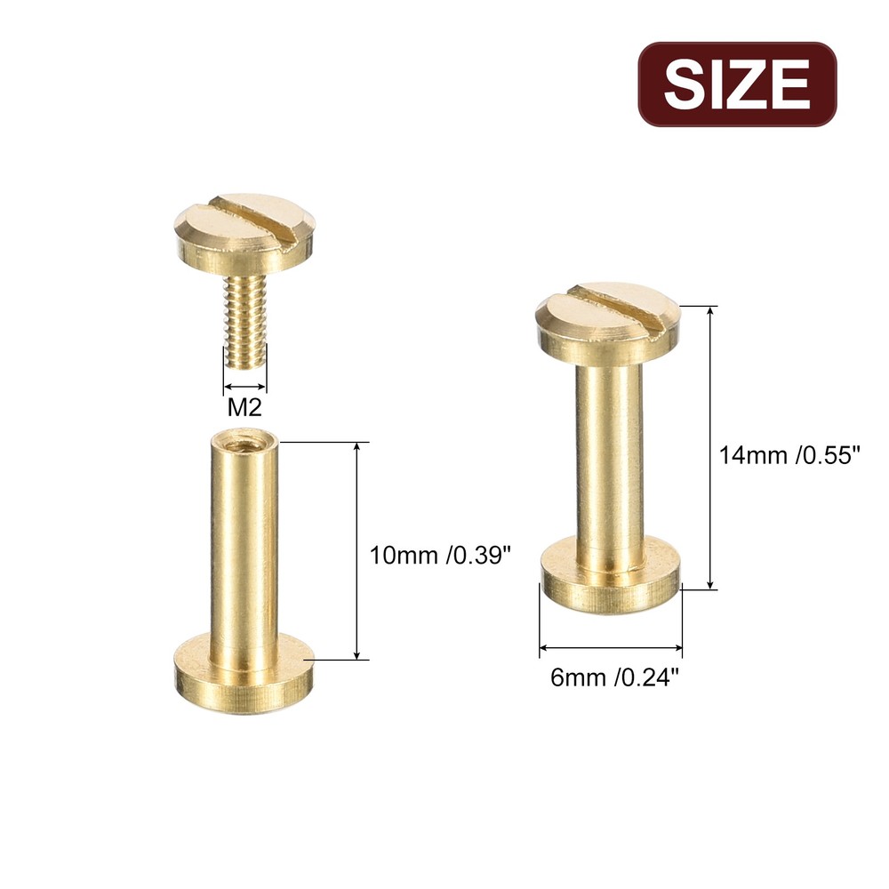 25Pack Brass Chicago Screws, 10x6mm Post Nail Stud Rivets, Brass Tone