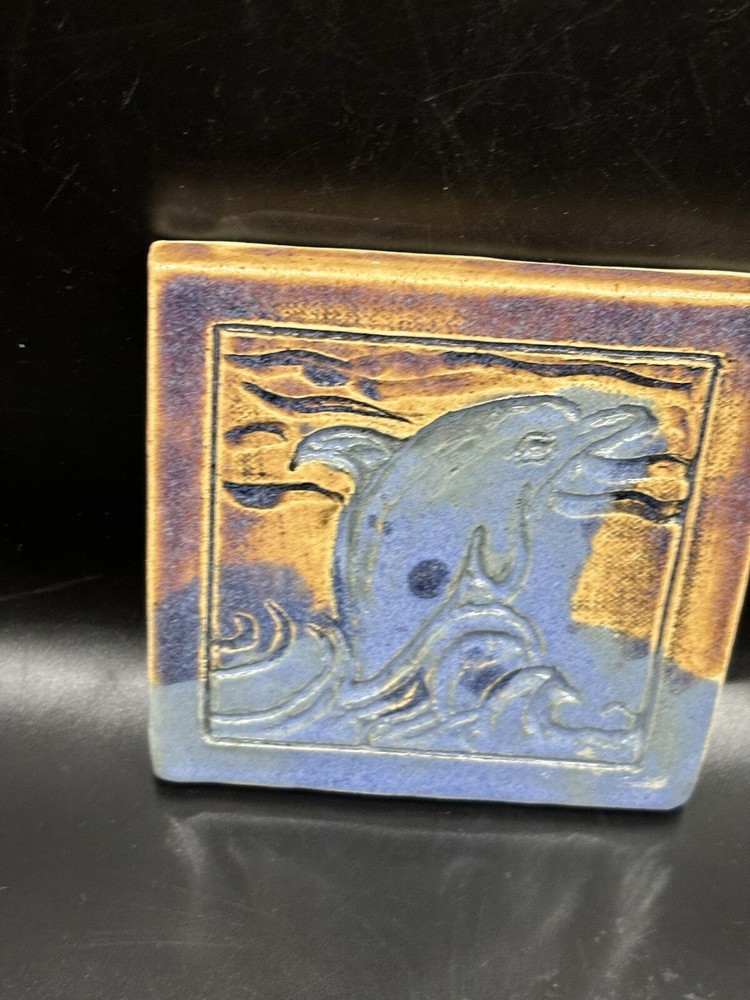 Dolphin Studio Art Pottery Tile By Piper 4.5” Square Signed Handmade