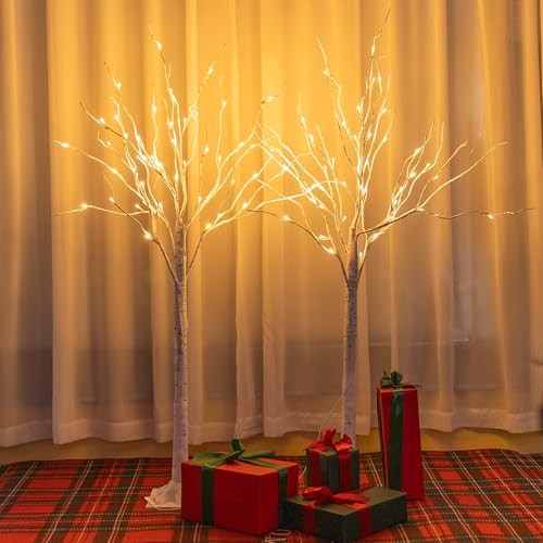 2 Pack Lighted Birch Tree, 4 FT Total 96 LED Pre-lit Artificial Christmas