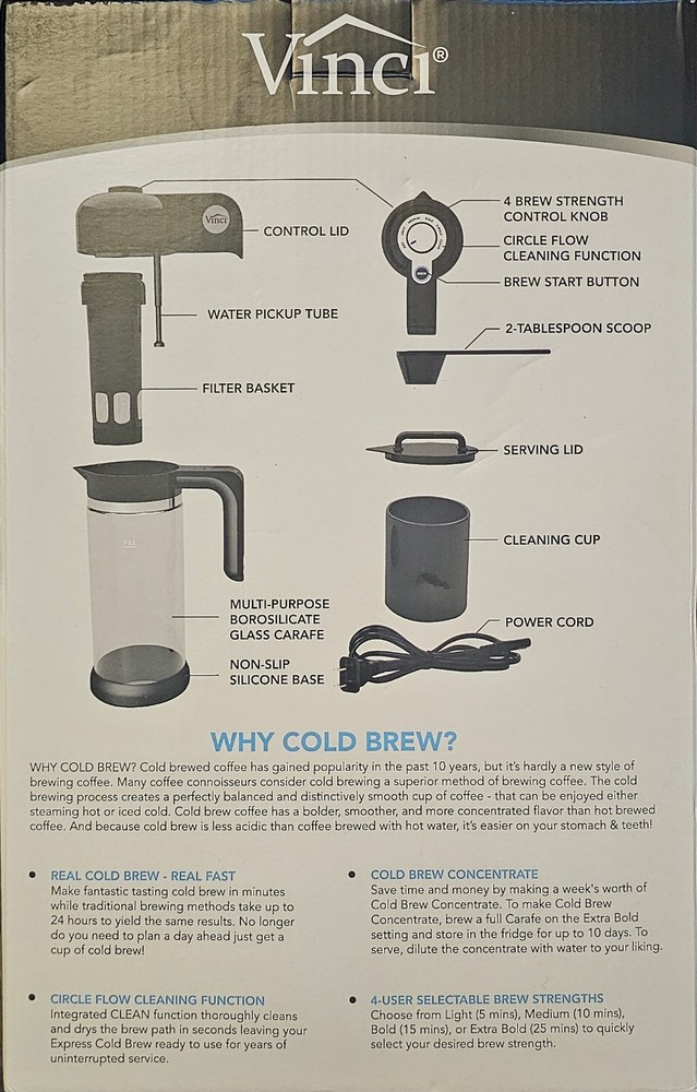 VINCI Express Cold Brew Drip Coffee Maker 4-Cup Built-In Timer Black