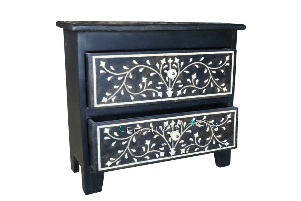 Wood inlay bedside 2 drawer bone inlay bedside