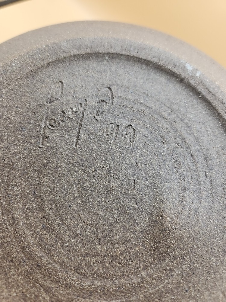 Hand Thrown Pottery Signed Brown Glaze Round Heavy
