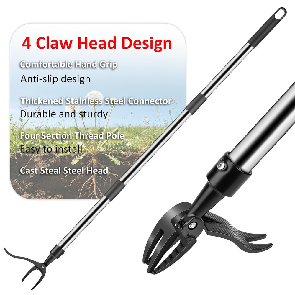 Weed Puller Tool - Adjustable Upright Weeder, 4 Claw Long-Handled Weeding Tool,