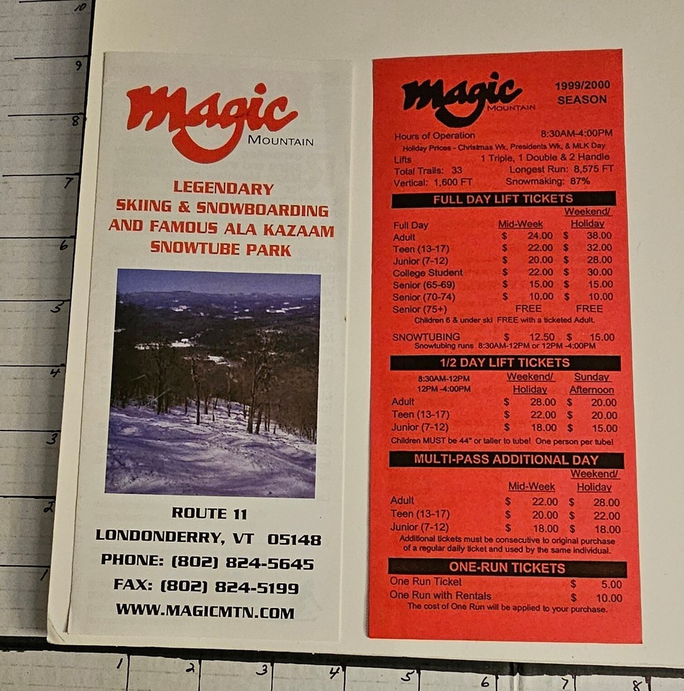 1999/00 MAGIC MT. SKI AREA BROCHURE/ TRAIL MAP  W/ RATES INSERT SHEET. MINT